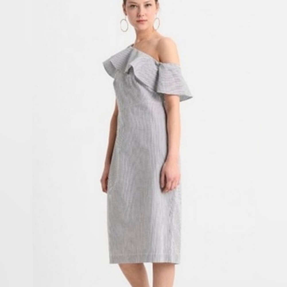 Banana Republic Off-Shoulder Flounce Seersucker Shift Dress
